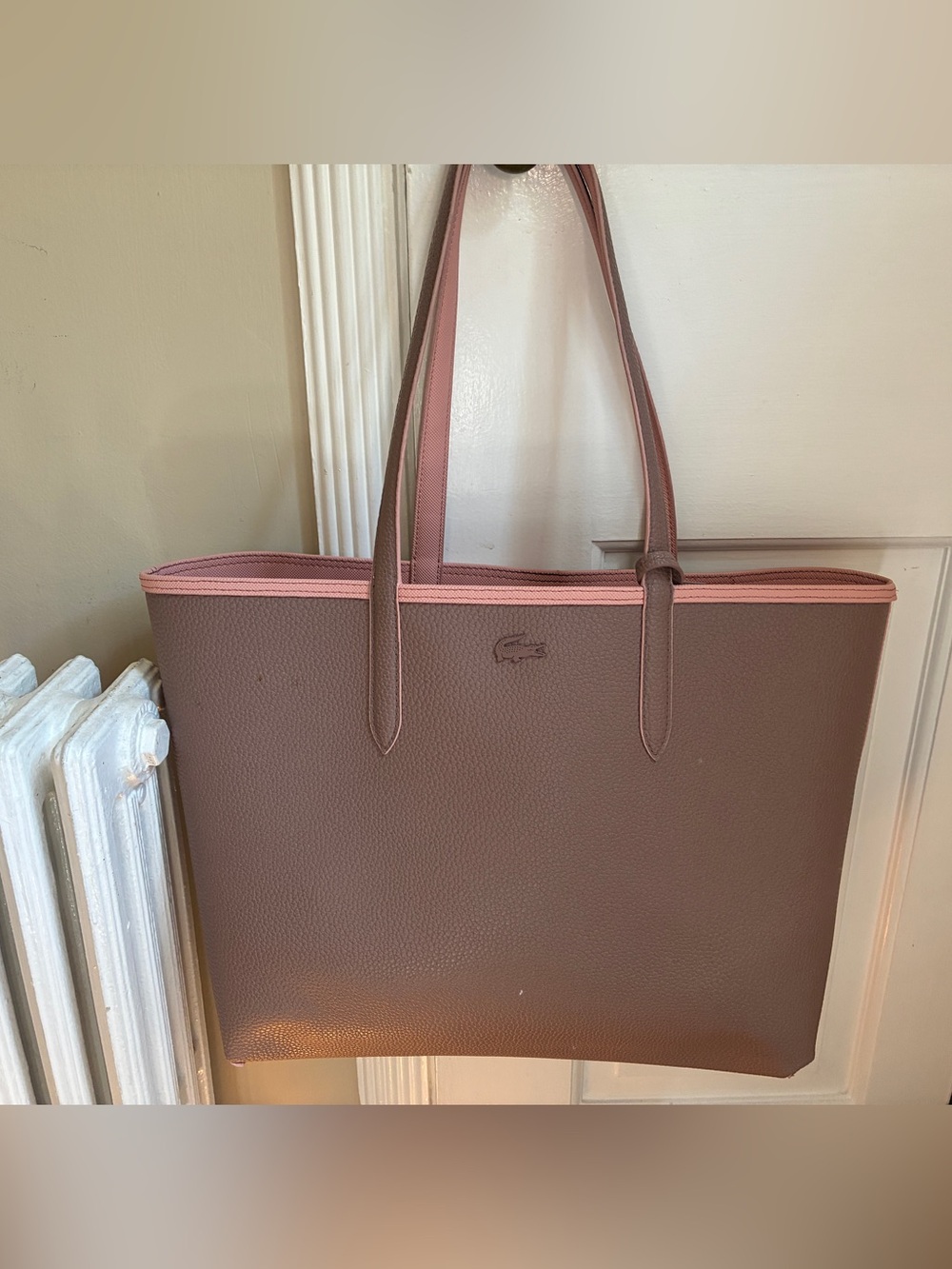Lacoste reversible tote pale pink & mauve w detachable mauve zipper pouch